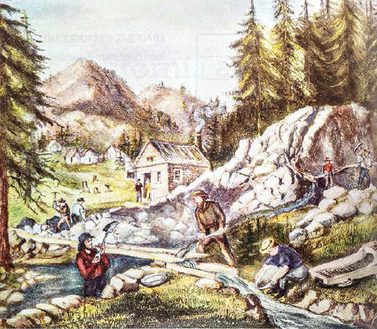 A picture that displays men sitting around a river 'panning' for gold during the gold rush.